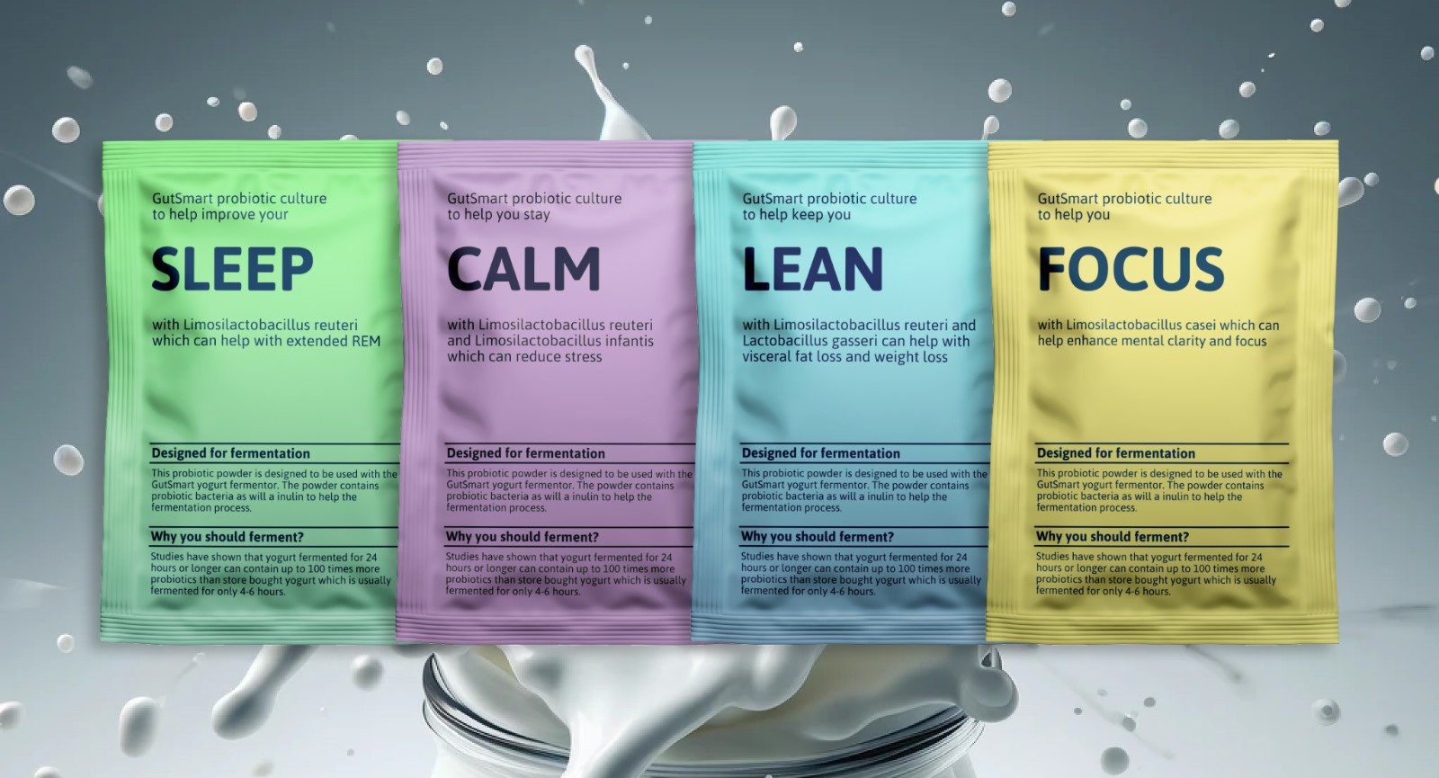 GutSmart probiotic sachets for SLEEP, CALM, LEAN and FOCUS